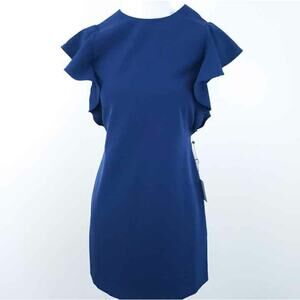 NEW Laundy Shelli Segal Navy Blue Career Dress 0 Ruffle Sleeveless Work Date